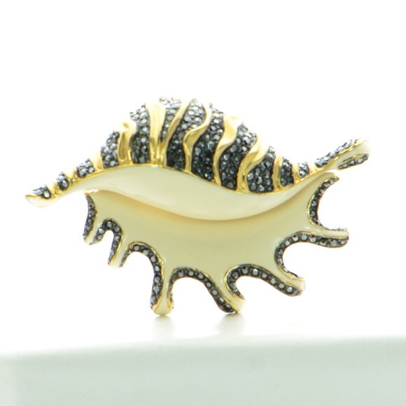 Vintage Kenneth Jay Lane KJL Enamel & Crystal Seashell Pin Brooch - Picture 2 of 8